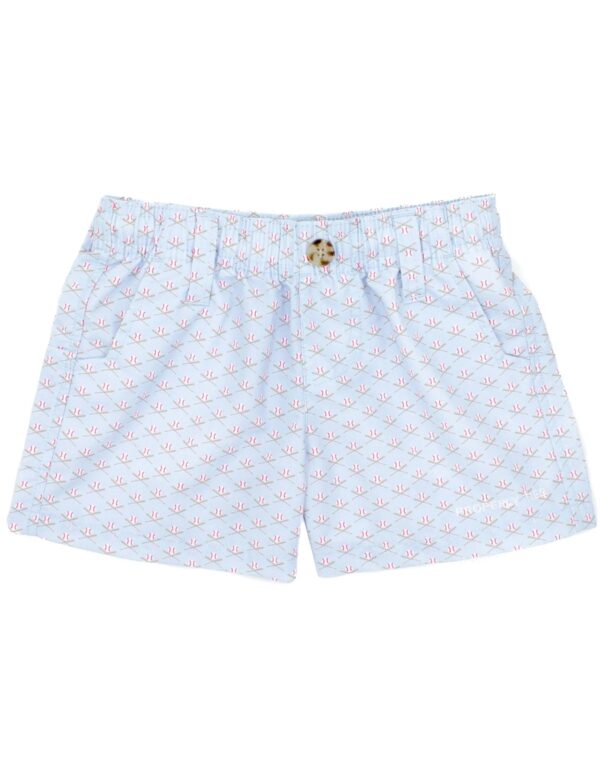 Light blue shorts with red geometric pattern.