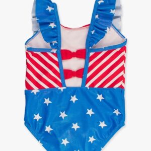 Patriotic star-striped baby swimsuit with ruffled sleeves.