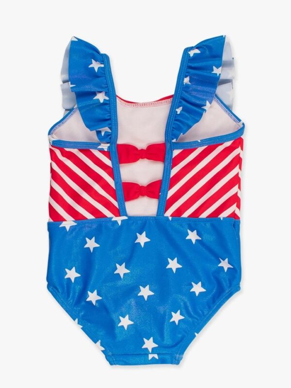 rufflebutts stars and stripes pinafore swimsuit Patriotic star-striped baby swimsuit with ruffled sleeves.