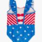 Patriotic star-striped baby swimsuit with ruffled sleeves.