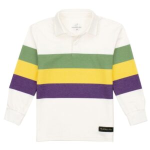 Striped long-sleeve rugby shirt in Mardi Gras colors.