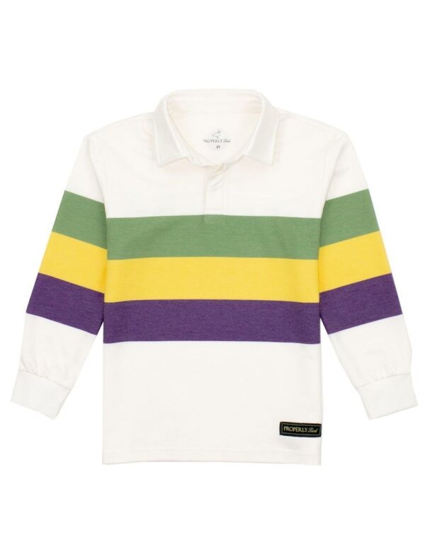 Striped long-sleeve rugby shirt in Mardi Gras colors.