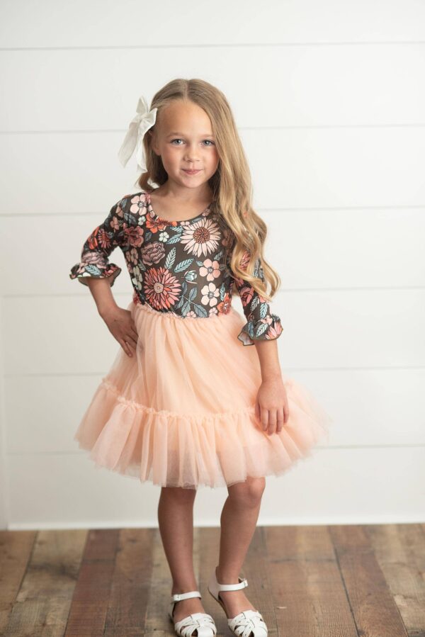 oopsie daisy kids brown & peach vintage floral tulle fall dress Child wearing floral dress with soft pink skirt.