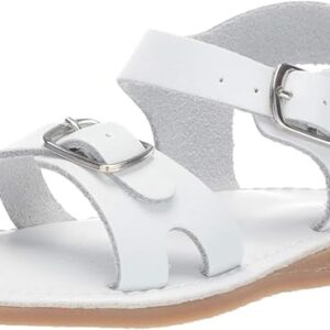 White leather sandal with dual straps and buckles.