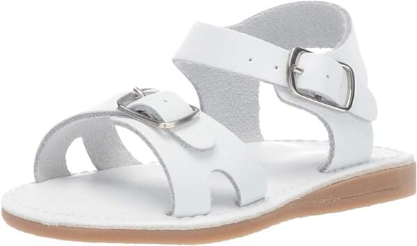 White leather sandal with dual straps and buckles.