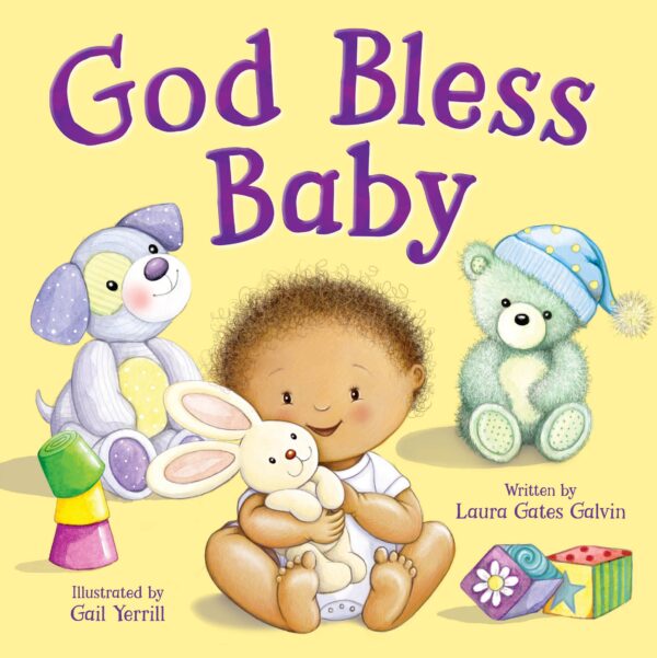 kidsbooks publishing god bless baby Illustrated baby with toys on book cover.