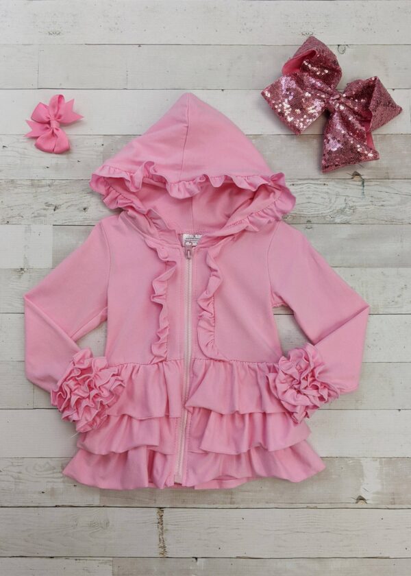 Pink ruffled hoodie with matching bows