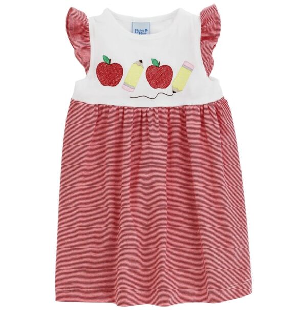 Red and white dress with apple and pencil design.