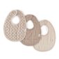Three beige baby bibs arranged overlapping on white background.