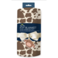 Cow-print muslin baby blanket in packaging.