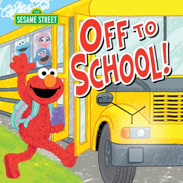 Elmo waves near a school bus on Sesame Street.
