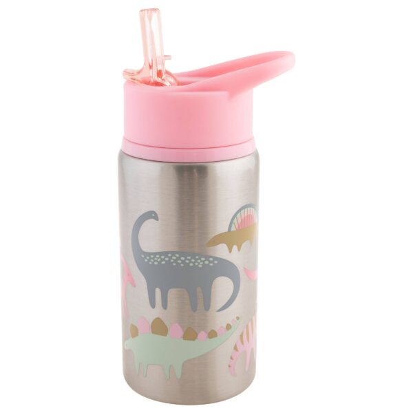 stephen joseph gifts stainless steel water bottles Dinosaur-themed water bottle with pink lid and straw.