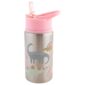 Dinosaur-themed water bottle with pink lid and straw.