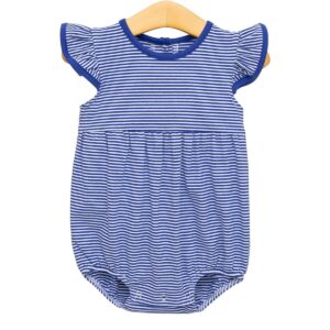 Blue striped baby romper on hanger
