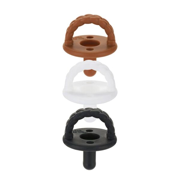 itzy ritzy sweetie soother™ silicone pacifier set of 3 coffee & cream: coffee & cream Three pacifiers in brown, white, black.