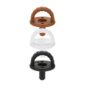 Three pacifiers in brown, white, black.