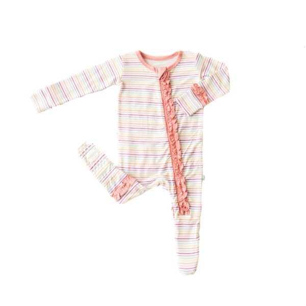 Striped baby romper with pink ruffle accents