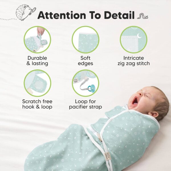 keababies 3pk soothe baby swaddles 0 3 months, sleep sack for newborns Baby in swaddle with detailed design features.