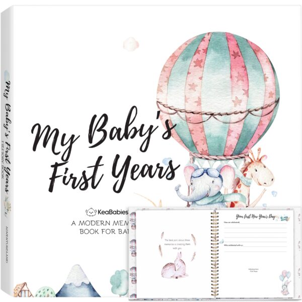 keababies keababies baby first years memory book: adventureland Baby memory book cover and open pages.