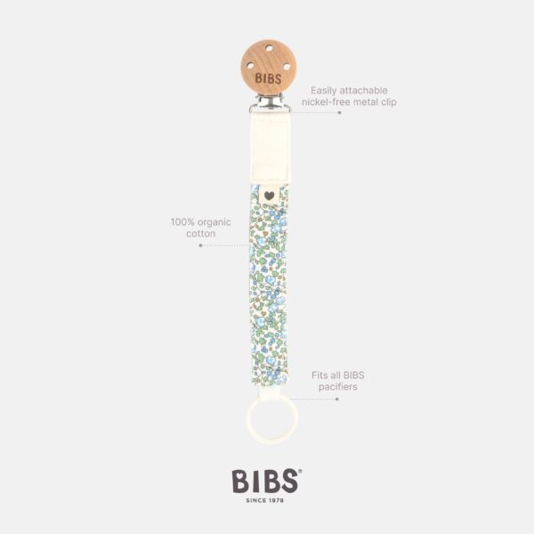 Floral pacifier holder with metal clip, organic cotton