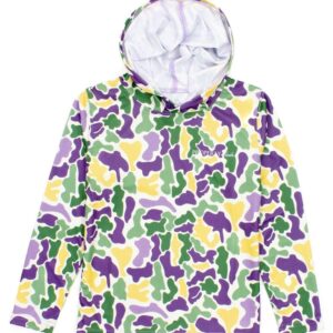 Colorful camo hoodie with purple, yellow, green pattern.