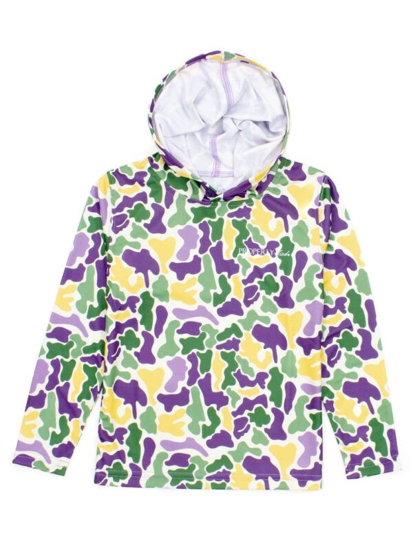 Colorful camo hoodie with purple, yellow, green pattern.