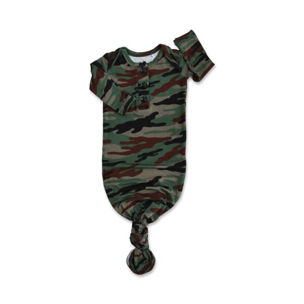 gigi and max bamboo baby gown gift set pajama newborn camo Camo baby gown with knot and buttons