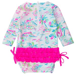 Colorful floral baby swimsuit with pink ruffle details.
