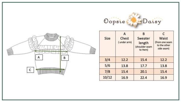 oopsie daisy kids wine double ruffle crew neck fall winter sweater Children's sweater measurement chart with graphic.