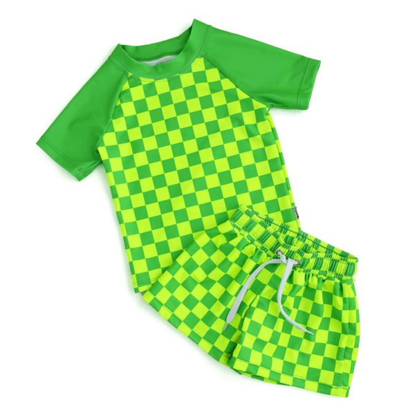 gigi and max brad green neon swim set Green checkered swim outfit with shorts and shirt.