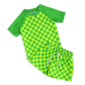Green checkered swim outfit with shorts and shirt.
