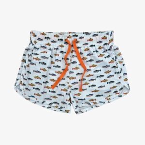 Fish-patterned swim shorts with orange drawstring.