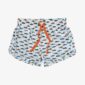 Fish-patterned swim shorts with orange drawstring.