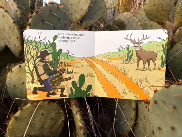 explore the outdoors books good luck hunters children's book Illustrated hunters and deer amongst cacti.