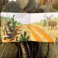 Illustrated hunters and deer amongst cacti.