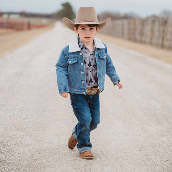 shea baby boys denim wool jacket Child in denim and cowboy hat walking outside