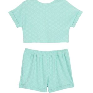 Mint green pajama set with floral pattern.