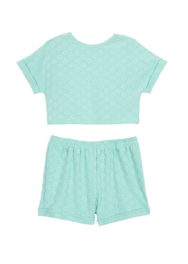 Mint green pajama set with floral pattern.