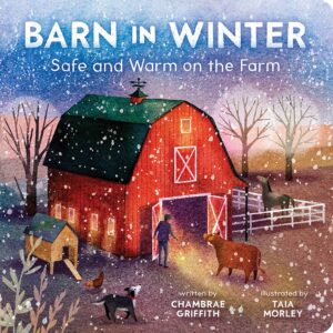 Winter barn scene with animals and farmer.