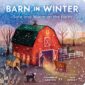Winter barn scene with animals and farmer.