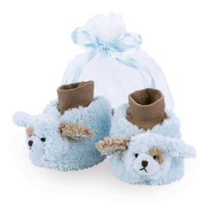 Blue baby booties with bear design in gift bag