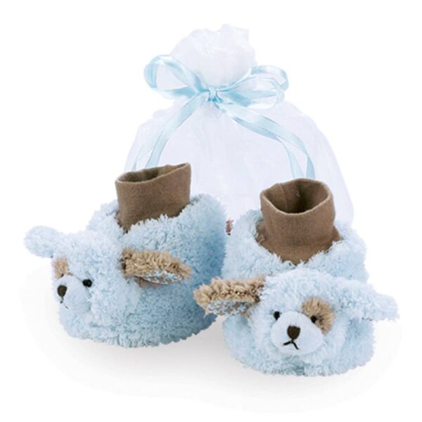 Blue baby booties with bear design in gift bag