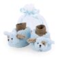 Blue baby booties with bear design in gift bag