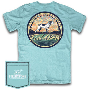 Blue shirt with dog design and Fieldstone logo.