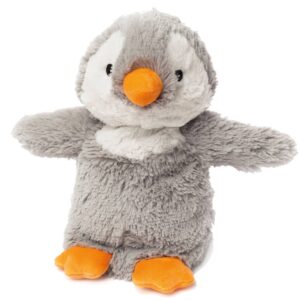 Gray plush penguin toy with orange beak and feet.
