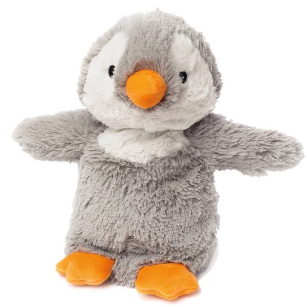 Gray plush penguin toy with orange beak and feet.