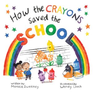 Colorful crayon characters with rainbow, kids, and school theme.
