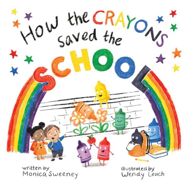 Colorful crayon characters with rainbow, kids, and school theme.