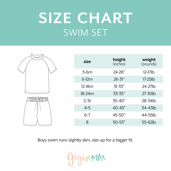 gigi and max brad green neon swim set Boys swim set size chart, heights and weights.