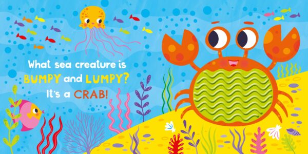 Illustration of cheerful underwater crab and sea life.